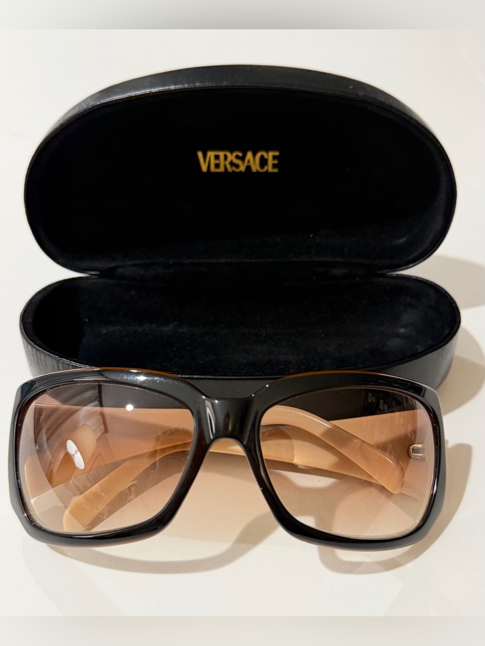 VERSACE Greca Black Cream Brown gradient vintage sunglasses + Original Case